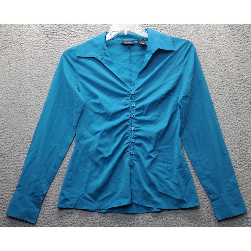 New York & Company Shirt Blouse Womens 6 Blue Slim Stretch Collared Button Front